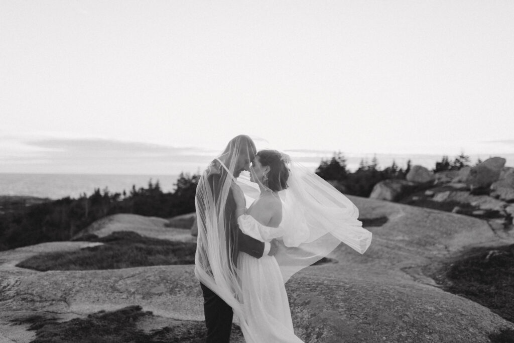 couple under a veil sharing an intimate moment