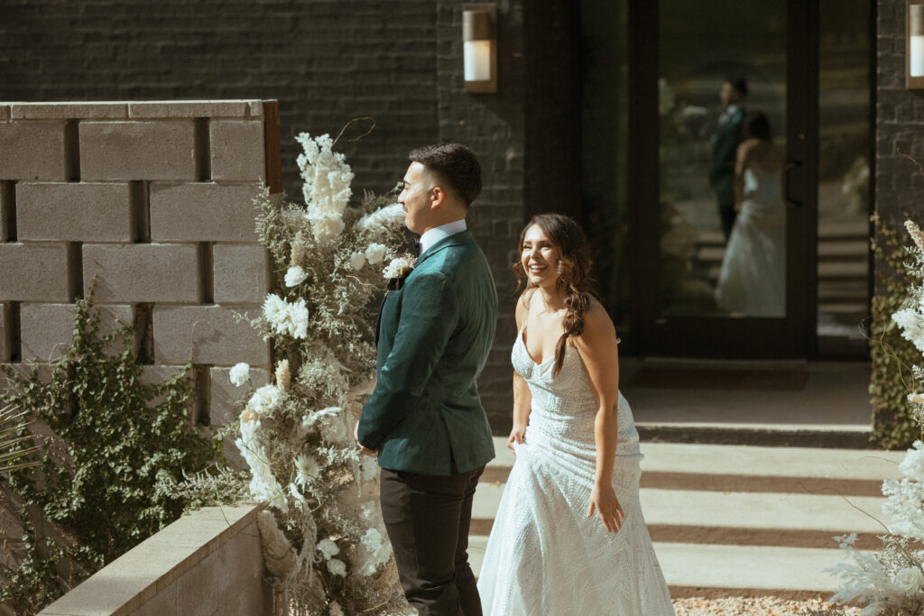 bride and groom during first look