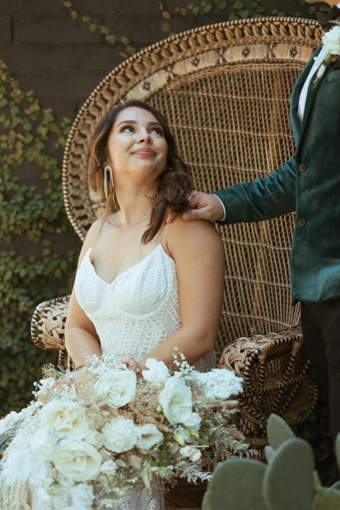 wedding photography with vintage wicker chair