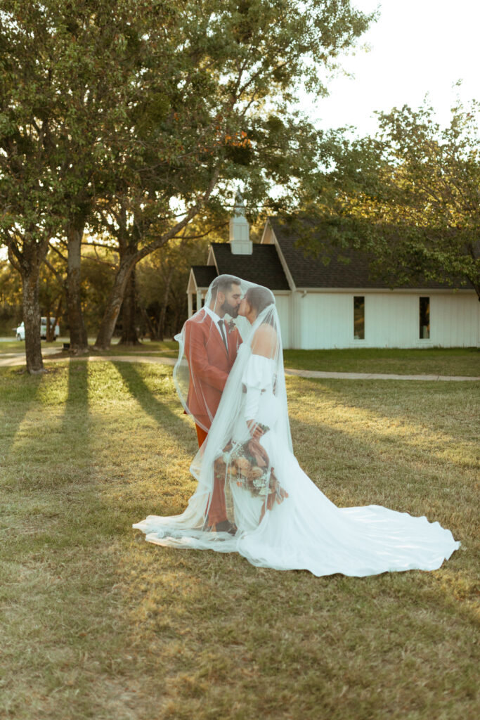 wedding formals in front of Texas church