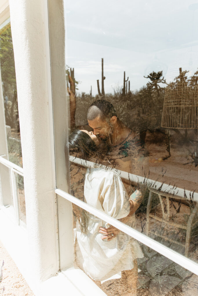 A steamy bathroom couples photoshoot session at the Joshua Tree House in Tucson, Arizona - Saguaro National Park (getting ready photos)