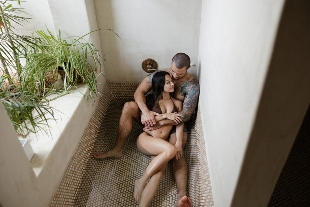 A steamy bathroom couples photoshoot session at the Joshua Tree House in Tucson, Arizona - Saguaro National Park (getting ready photos)