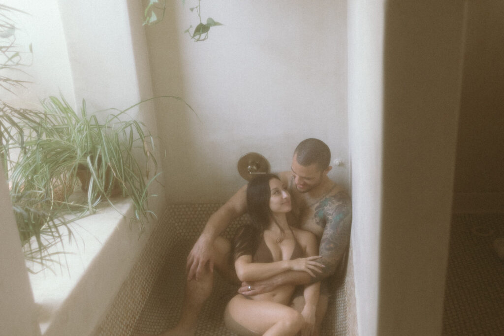 A steamy bathroom couples photoshoot session at the Joshua Tree House in Tucson, Arizona - Saguaro National Park (getting ready photos)