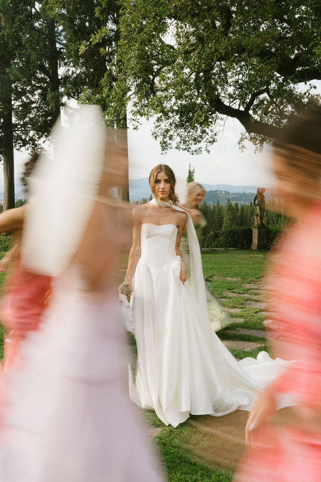 colorful bridesmaids blurry wedding portrait